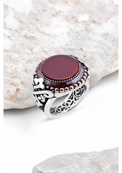 Düz Akik Taşlı Kenarı Çember Taşlı Gümüş Erkek Yüzük