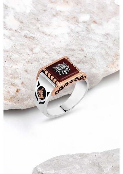 Akik Taşlı Üzeri Osmanlı Devlet Armalı Gümüş Erkek Yüzük