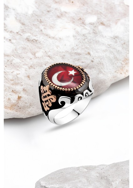 Mineli Ay-Yıldızlı Gümüş Erkek Yüzük