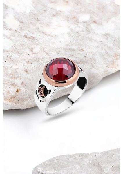 Kırmızı Zirkon Taşlı Gümüş Erkek Yüzük