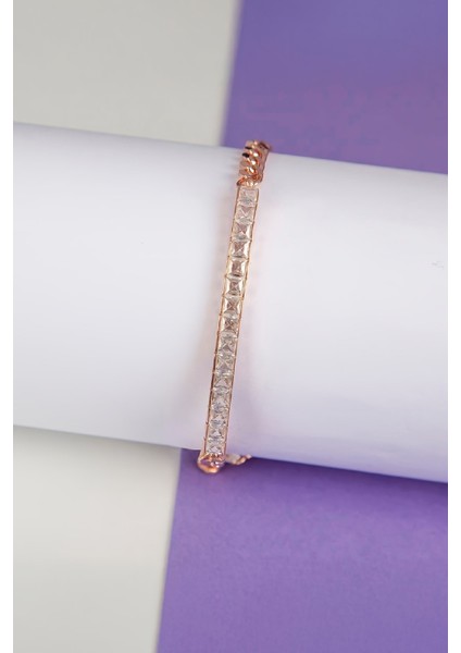 Kare Zirkon Taşlı Rose Renk 925 Ayar Gümüş Bayan Bileklik