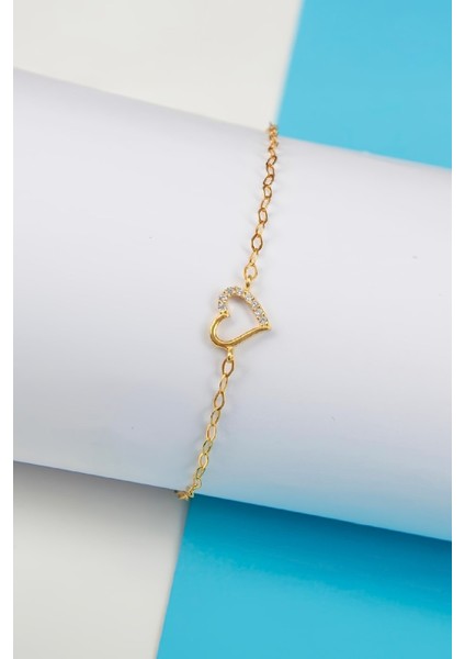Altın Kaplama Zirkon Taşlı 925 Ayar Gümüş Minimal Kalp Bayan Bileklik