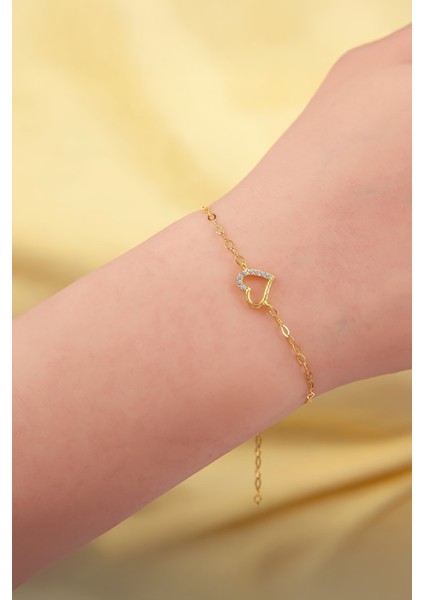 Altın Kaplama Zirkon Taşlı 925 Ayar Gümüş Minimal Kalp Bayan Bileklik fiyatları