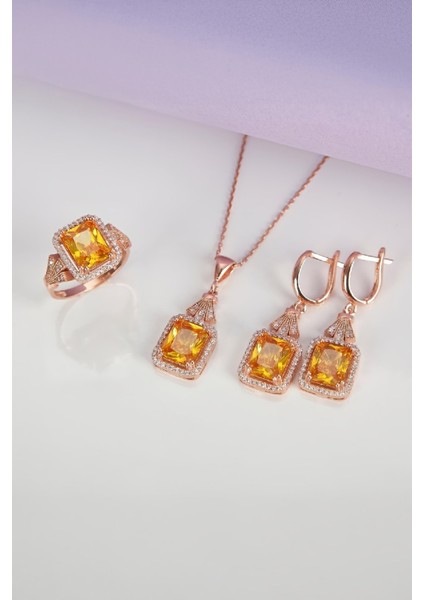 Rose Renk Zultanit Taşlı 925 Ayar Gümüş Bayan Takı Seti