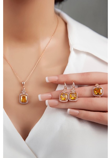 Rose Renk Zultanit Taşlı 925 Ayar Gümüş Bayan Takı Seti fiyatları