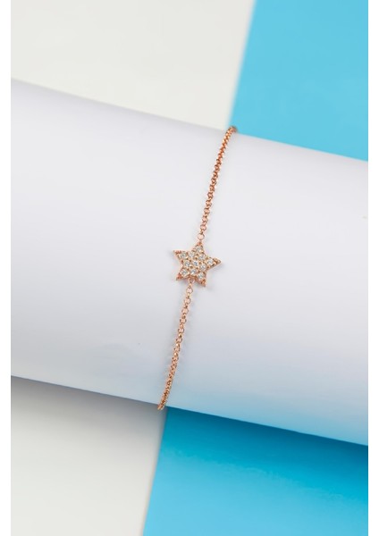 Rose Renk Zirkon Taşlı 925 Ayar Gümüş Minimal Yıldız Bayan Bileklik