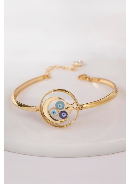 925 Ayar Gümüş Altın Kaplama Ayyıldız Motifli Çerçeve Bayan Bileklik