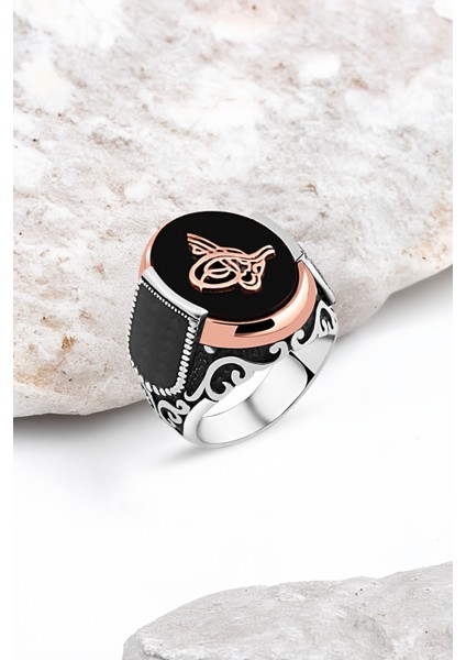Onix Taşlı Osmanlı Tuğrası Gümüş Erkek Yüzük