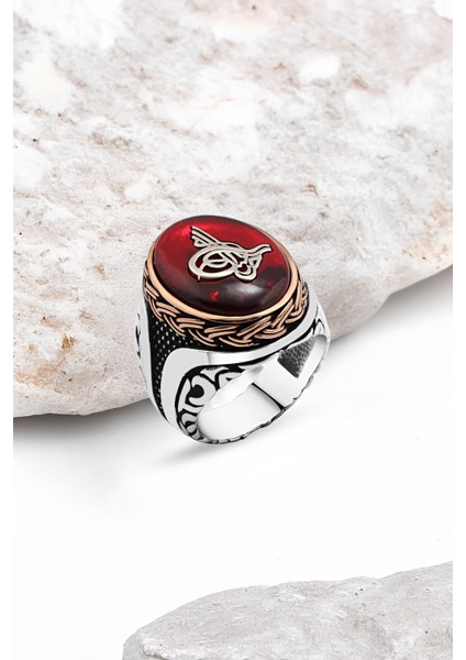 Kırmızı Sentetik Kehribar Tuğralı Gümüş Erkek Yüzük