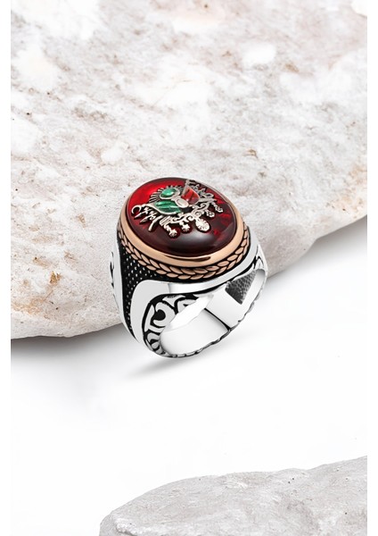 Sentetik Kehribar Mineli Osmanlı Devlet Armalı Gümüş Erkek Yüzük