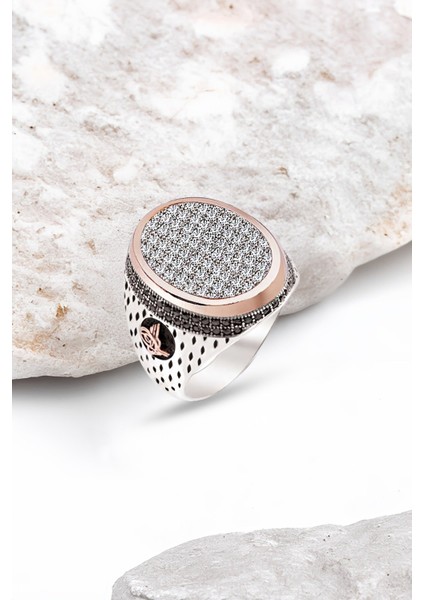 Gümüş Beyaz Zirkon Taşlı İşlemeli Erkek Yüzük