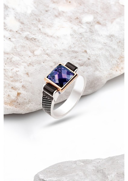 Gümüş Ametist Faset Taşlı Yanları Zirkon Taşlı Erkek Yüzük