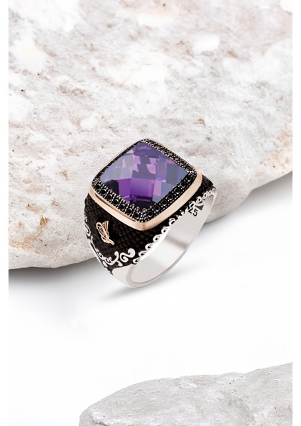 Gümüş Taşlı İşlemeli Erkek Yüzük