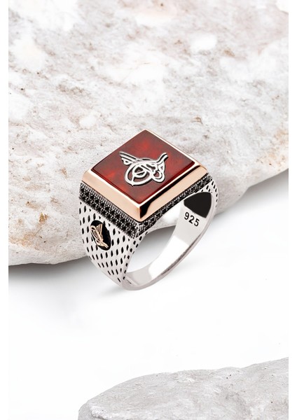 Gümüş Akik Taşlı Üzeri Tuğralı Erkek Yüzük