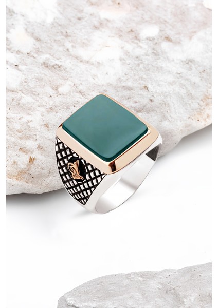 Gümüş Yeşil Akik Taşlı Osmanlı Tuğralı Erkek Yüzük