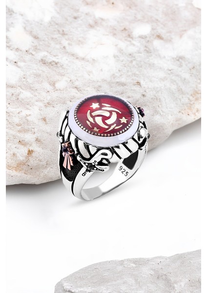 Ortası Mineli Teşkilat-I Mahsusa Kenarı Çember Taşlı Gümüş Erkek Yüzük