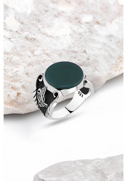 Düz Yeşil Akik Taşlı Gümüş Erkek Yüzük