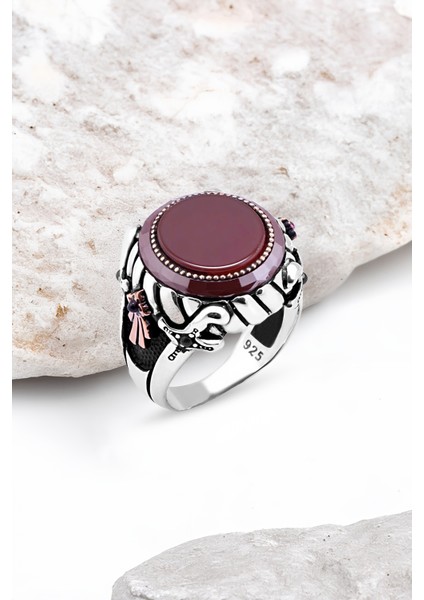 Ortası Düz Akik Taş Kenarı Çember Taşlı Gümüş Erkek Yüzük