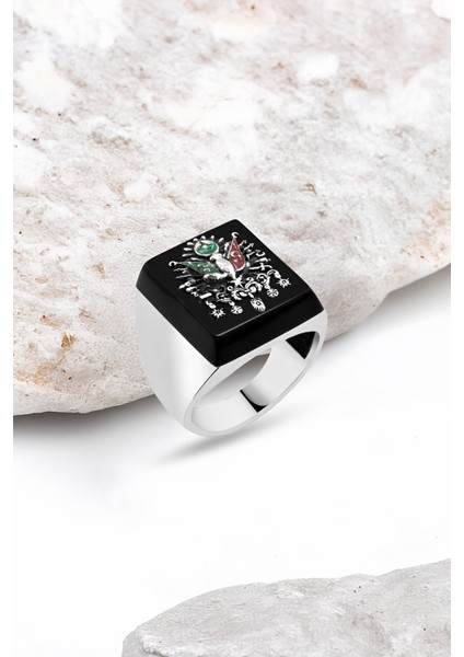 Onix Taşlı Osmanlı Armalı Gümüş Erkek Yüzük