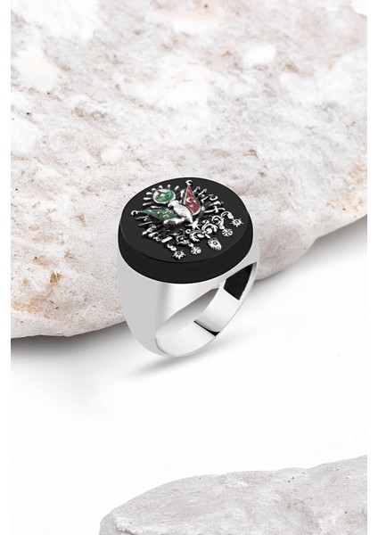 Onix Taşlı Osmanlı Devlet Armalı Gümüş Erkek Yüzük