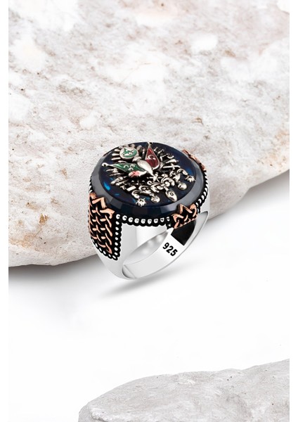 Sentetik Kehribar Osmanlı Devlet Armalı Gümüş Erkek Yüzük