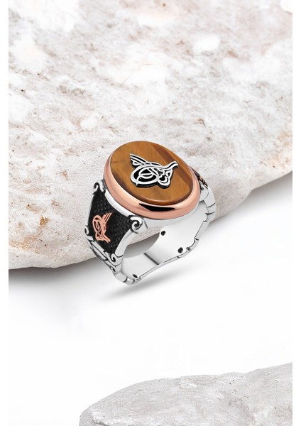 Kaplan Gözü Taş Üzeri Tuğralı Gümüş Erkek Yüzük