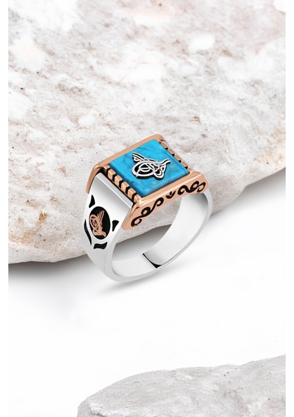 Sıkma Turkuaz Taşlı Üzeri Tuğralı Gümüş Erkek Yüzük