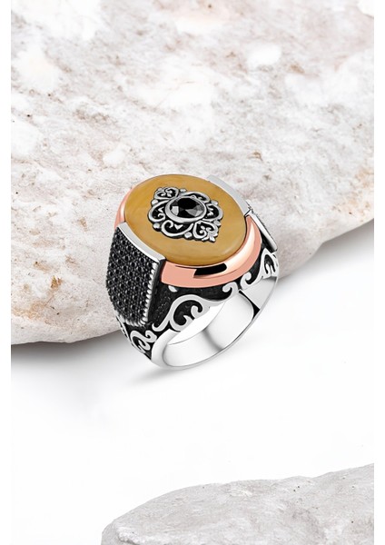 Sentetik Kehribar Motifli Gümüş Erkek Yüzük