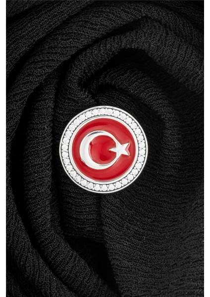 925 Ayar Gümüş Zirkon Taşlı Yuvarlak Ayyıldız Rozet