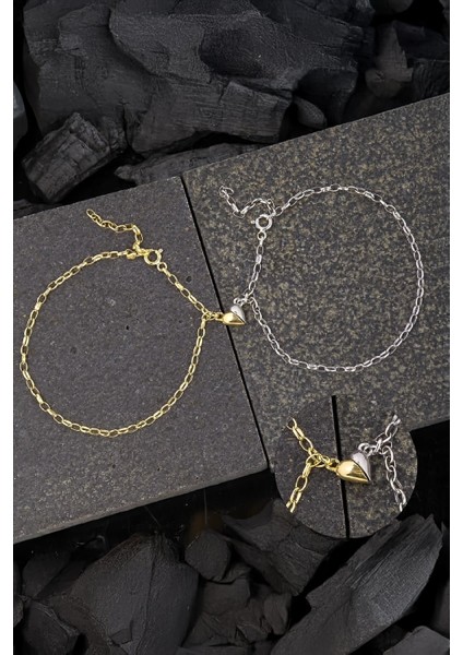 925 Ayar Gümüş Rodyum Gold Mıknatıslı Çift Kalp Aşk Bileklik