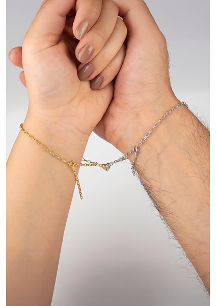 925 Ayar Gümüş Rodyum Gold Mıknatıslı Çift Kalp Aşk Bileklik fiyatları