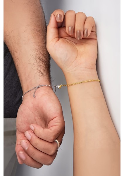 925 Ayar Gümüş Rodyum Gold Mıknatıslı Çift Kalp Aşk Bileklik modelleri