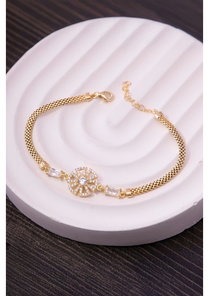 925 Ayar Gümüş Altın Kaplama Full Baget Ve Zirkon Taşlı Pervane Bayan Bileklik