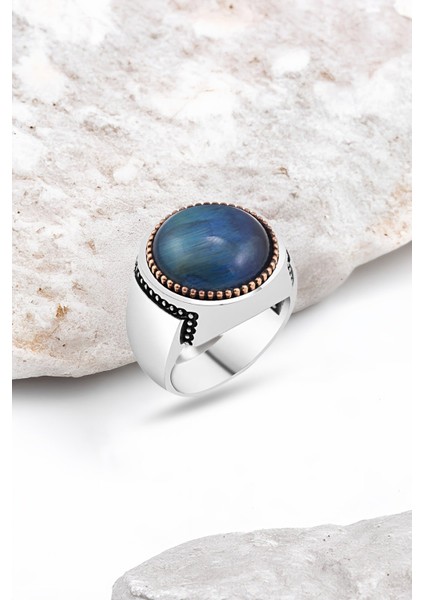 Kaplan Gözü Taşlı Gümüş Erkek Yüzük