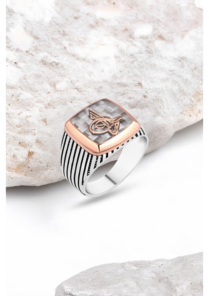 Karbon Üzeri Tuğralı Gümüş Erkek Yüzük