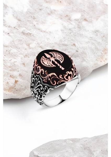 Onix Taş Üzeri Çift Başlı Balta Gümüş Erkek Yüzük