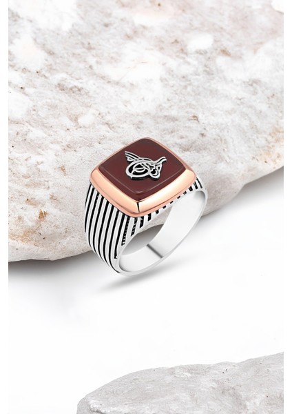 Akik Taş Üzeri Tuğralı Gümüş Erkek Yüzük