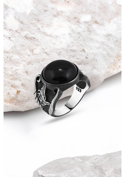 Kapşon Onix Taşlı Gümüş Erkek Yüzük