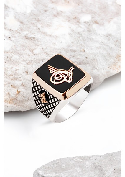 Gümüş Onix Taşlı Osmanlı Tuğralı Erkek Yüzük