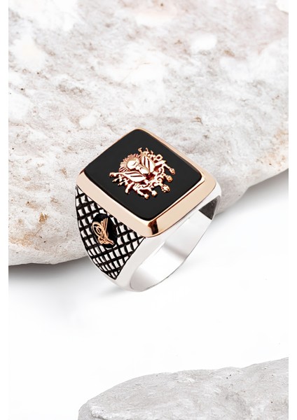 Gümüş Onix Taşlı Osmanlı Devlet Arması Erkek Yüzük