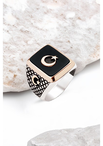 Gümüş Onix Taşlı Ay Yıldız Erkek Yüzük