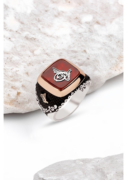 Gümüş Akik Taşlı Tuğralı Erkek Yüzük