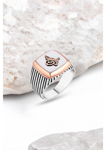 Beyaz Onix Taş Üzeri Tuğralı Gümüş Erkek Yüzük