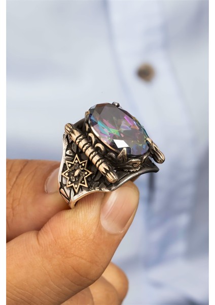 Mistik Topaz Taşlı Kartal Motifli Gümüş Erkek Yüzük
