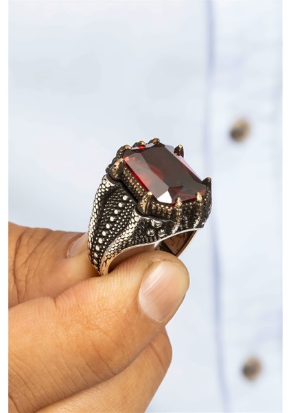 Kırmızı Zirkon Taşlı Pençe Desenli Gümüş Erkek Yüzük