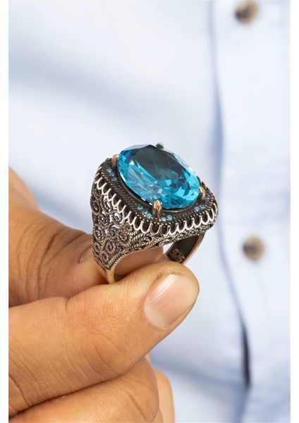 Oval Aqua Taşlı Telkari Desenli Gümüş Erkek Yüzük