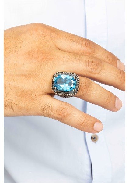 Oval Aqua Taşlı Telkari Desenli Gümüş Erkek Yüzük fiyatları