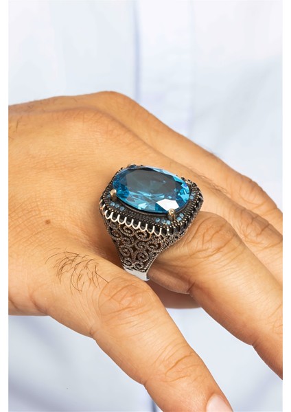 Oval Aqua Taşlı Telkari Desenli Gümüş Erkek Yüzük modelleri