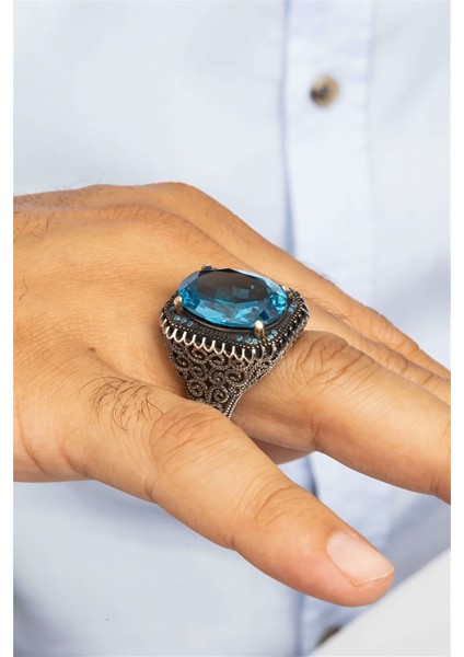 Oval Aqua Taşlı Telkari Desenli Gümüş Erkek Yüzük fırsatları