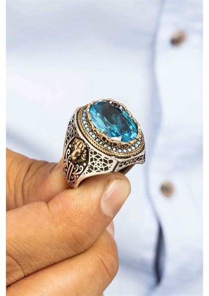 Aqua Taşlı Aslan Armalı Gümüş Erkek Yüzük